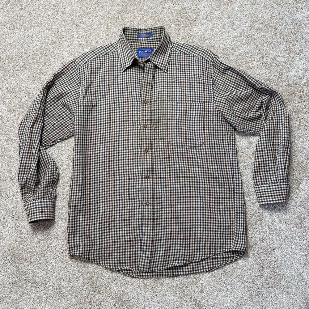 Pendleton Sir Pendleton Brown Tan Gingham Wool Bu… - image 1